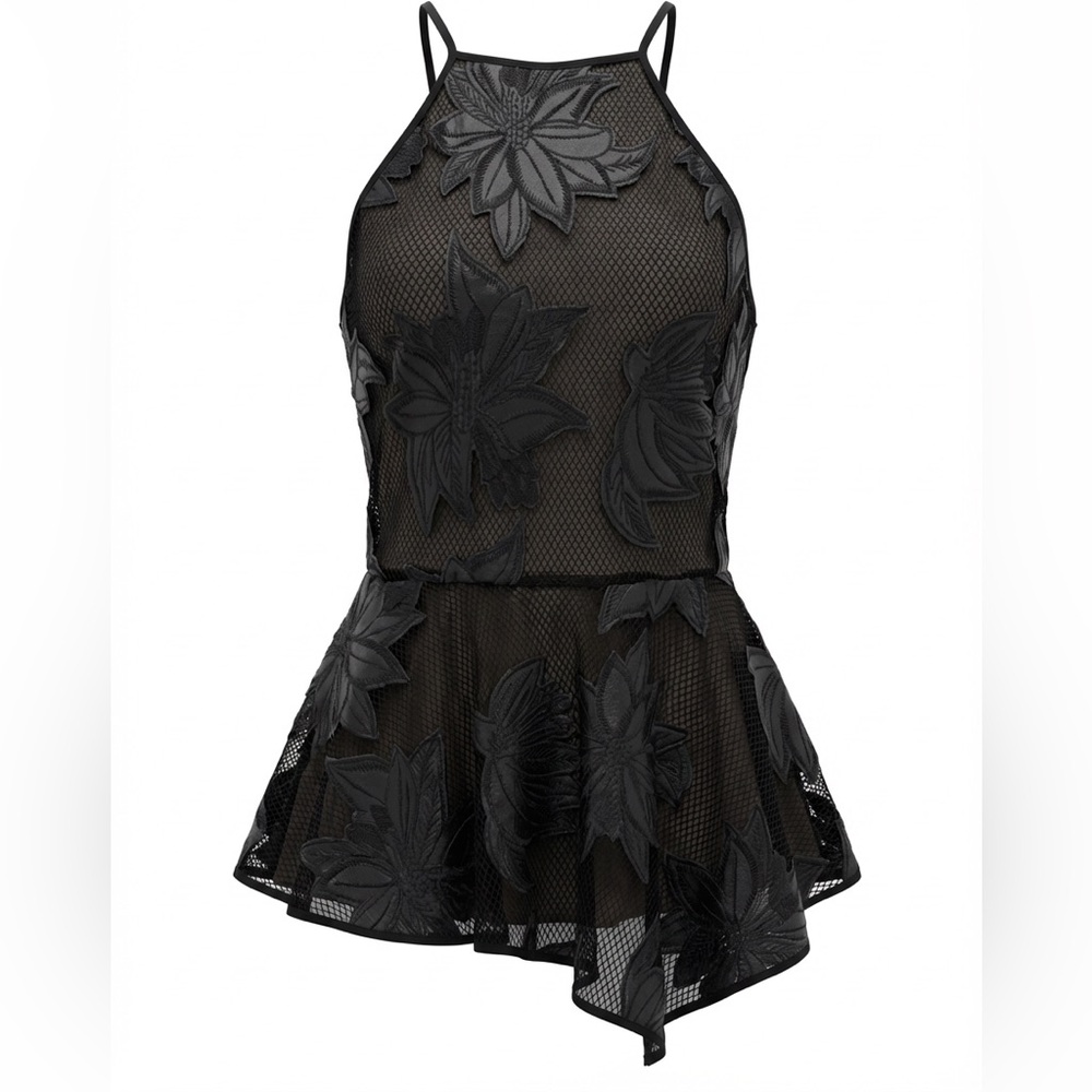 Hunter Bell Leather & Lace Black Mesh Sleeveless Peplum Occasion Top  
SZ  0